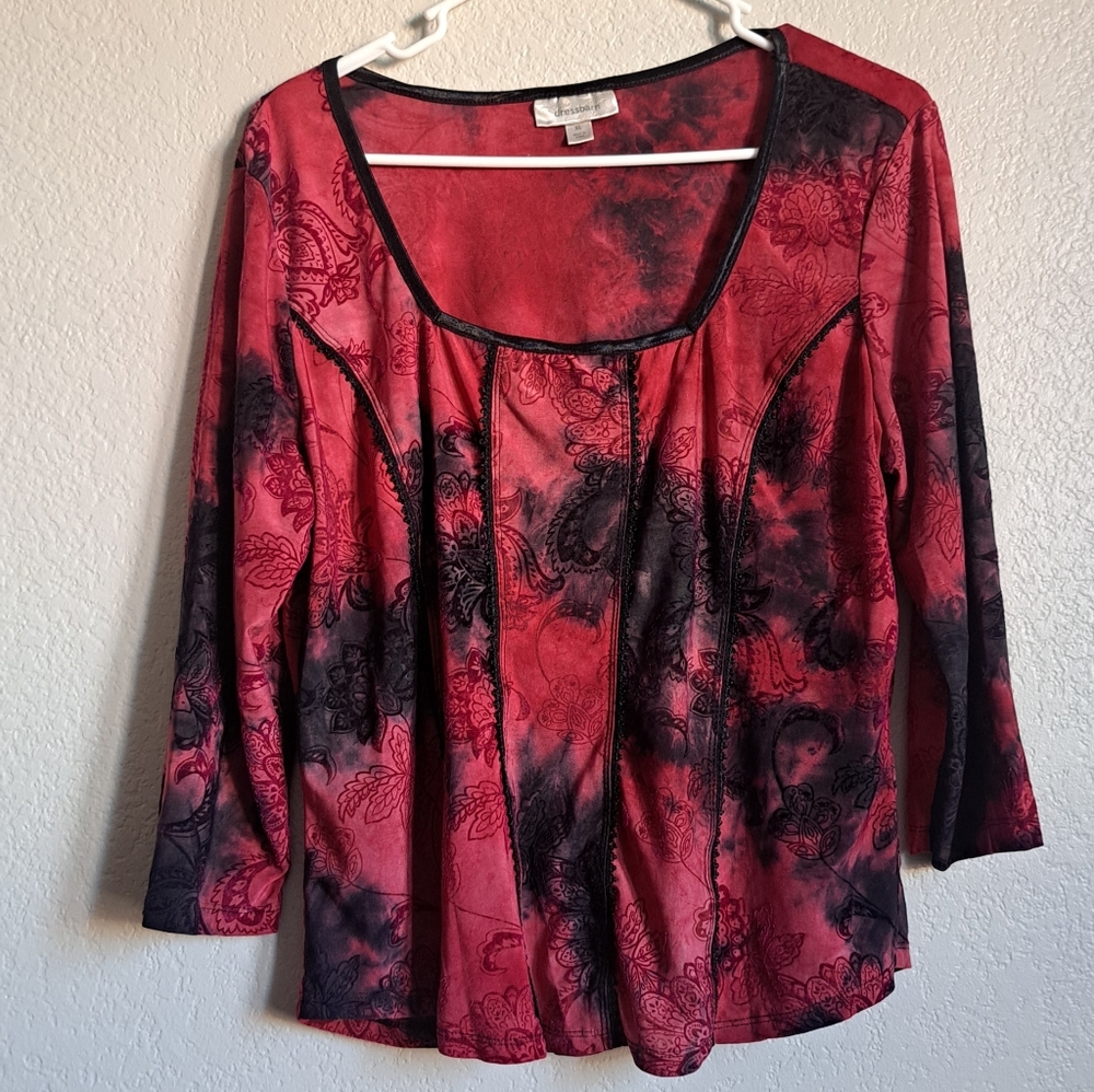 Dressbarn Vintage Whimsy Goth Y2K Red Black 3/4 Sleeve Top Size XL